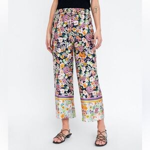 ZARA Woman Floral High Waisted Wide Leg Trouser Pull On Pant Small